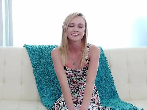 Watch Petite Blonde Babe Riding a Fat Dick in Her First Scene!