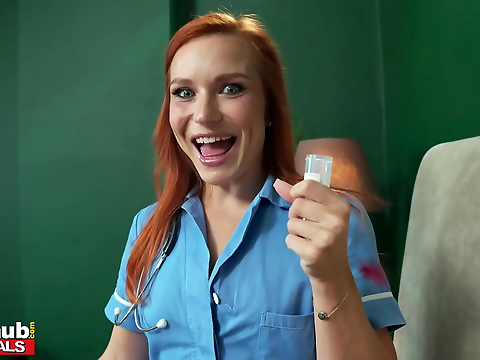 JAV Hottie ~ Redhead Nurse with Perfect Pink Pussy Fills Sperm Sample!