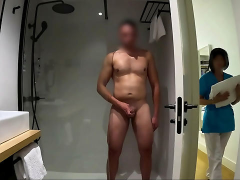 Jerking off in the Bathroom Caught by the Cleaning Girl Who Joins in to Help Him Finish